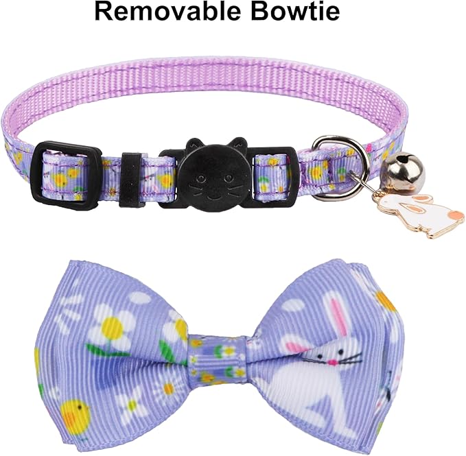ADOGGYGO Easter Cat Collars with Bow Bell, Breakaway Kitten Bowtie Collar Red Purple Eggs Rabbit Easter Collars for Girl Boy Cats Kittens