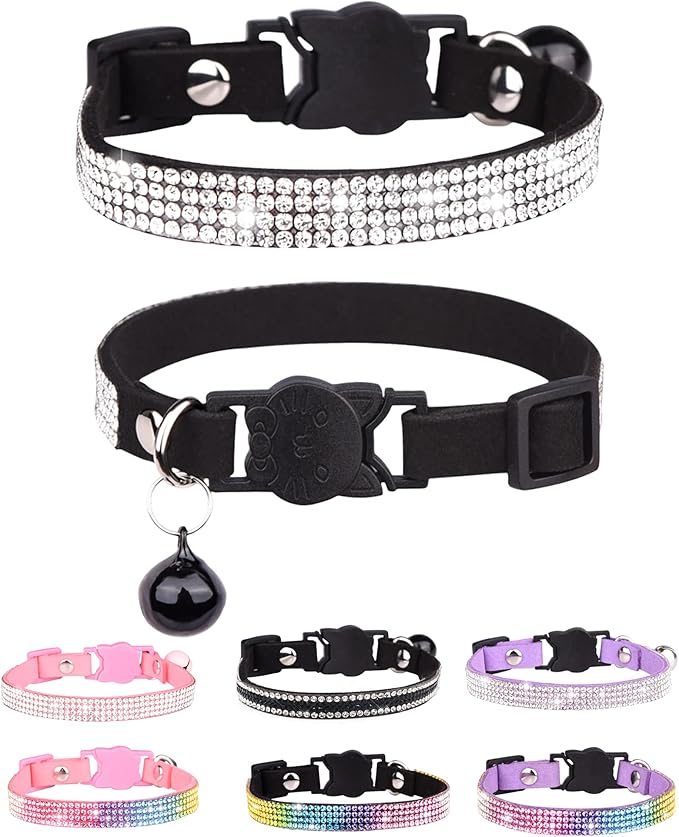 Cat Collars for Girl Cats with Rhinestone Soft Velvet,Breakaway Cat Collars with Bell,Adjustable Safe Kitten Collar (Black)
