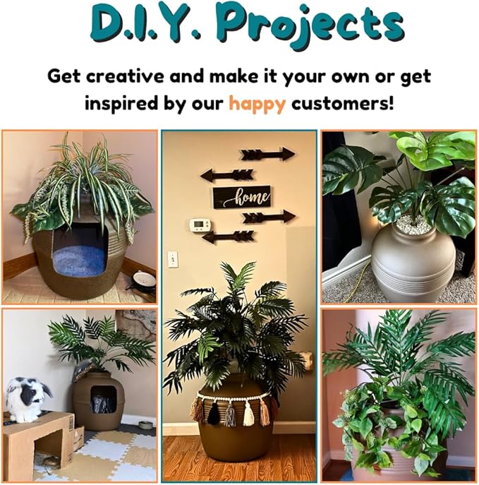 Good Pet Stuff Hidden Litter Box Planter, Decorative Cat Litter Enclosure with Carbon Filter, Artificial Plant, Easy Clean, Removable Liner, Round Style, Essentials Kit, Chestnut Brown