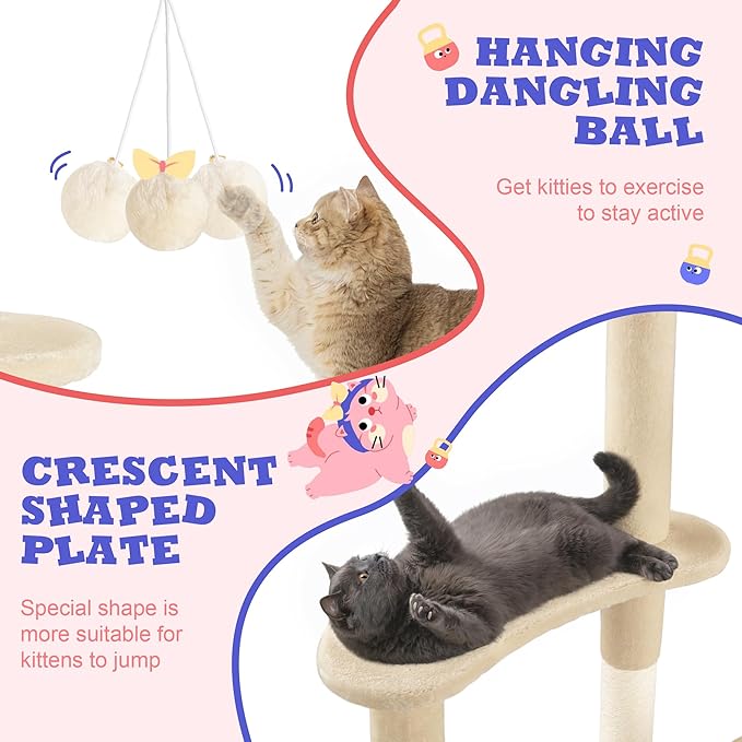 Allewie 55.5 in Cat Tree for Indoor Kitties/Soft Plush Perches/Multi-Level Cat Tower/Sisal Scratching Posts/Crescent Plates/Round Jumping Board/Hanging Ball/Pet Activity Center/Beige