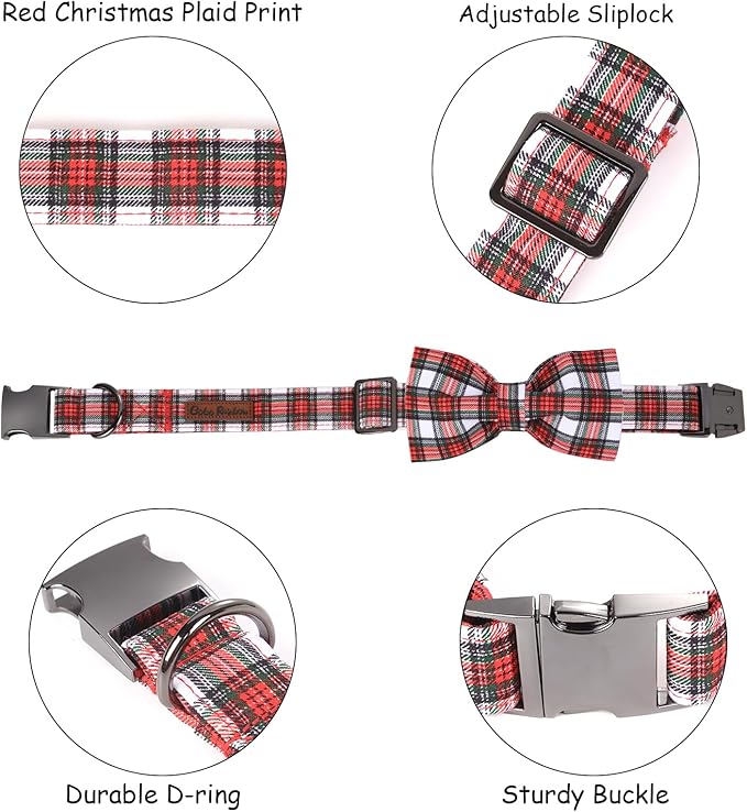 Christmas Dog Collar, Red Plaid Cotton Collars with Bow Adjustable Pet Collar Premium Metal Buckle, Christmas Puppy Necklace for X-Small Girl and Boy Dogs