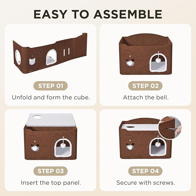 Joydeco Cat House for Indoor Cats, Extra Wide Scratch Resistant Felt Cat Condo, Hideaway Pet Cave Bed with Fluffy Ball and Tunnel for Kitten, Small Dogs, Rabbits, 22.4 x 13.7 x 14.9, Coffee