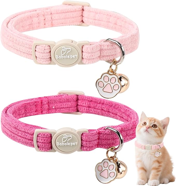 2 Pack Corduroy Cat Collars - Cute Breakaway Cat Collar with Bell and Paw Pendant, Soft Adjustable Fall Winter Kitten Collars for Girl Boy Cats, Pink&Deep Pink