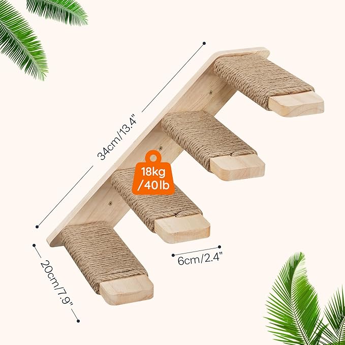 HOOBRO Cat Wall Shelves Set of 2, Wood Wall Mounted 4-Level Cat Wall Steps, Cat Wall Climber Furniture, Cat Climbing Shelves with Jute Scratching Steps, for Cat Perches and Platforms, Nature NL42CS03