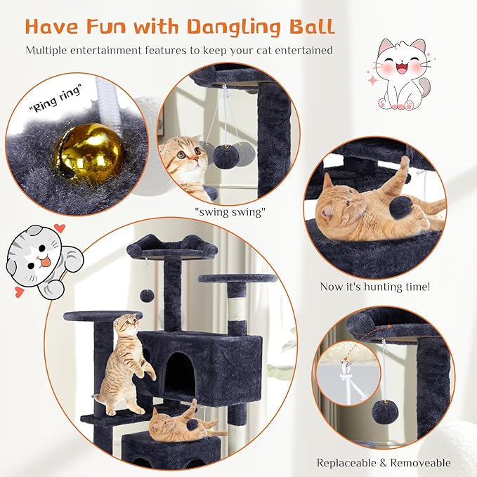Sweetcrispy 54 Inch Cat Tree Tower, Multi-Level with Cat Scratching Post, Indoor Cat Condo with Climbing Ladder, Plush Toy, Play House for Cat, Dove Grey