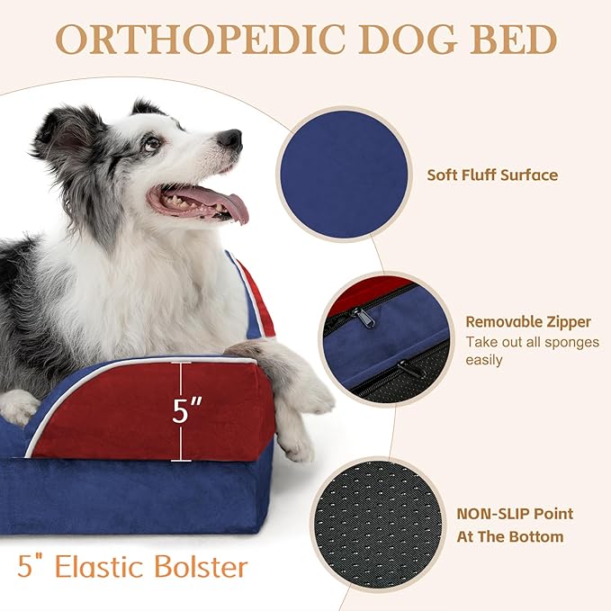 Comfort Expression Orthopedic Dog Bed for Extra Large Dogs 42x30 Inch, Waterproof Egg Crate Foam XL Pet Bed with Removable Bolsters, Dog Couch with Washable Cover & Non-Slip Bottom, American Flag 4