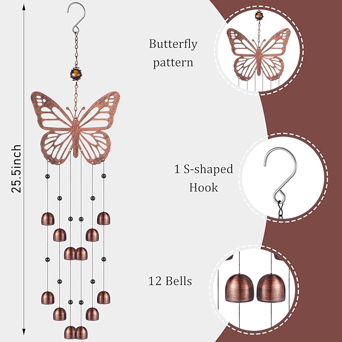 24 Inch Metal Wind Chimes Decor for Outside Garden Birthday Gift for Women Men Bronze Windchimes Pet Memorial Gift with 12 Bell for Patio Yard Lawn Housewarming Front Yard(Butterfly)