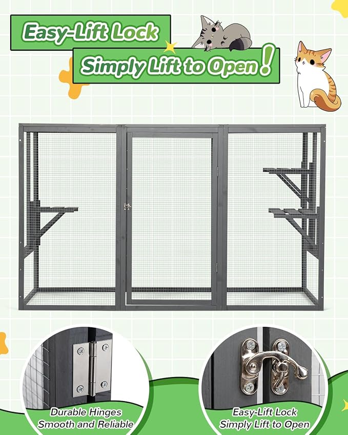 Catio Outdoor Cat Enclosure,71" L Outside Cat House Weatherproof, Wooden Large Catios for Cats Patio, Cat Houses with 3 Platforms,Grey