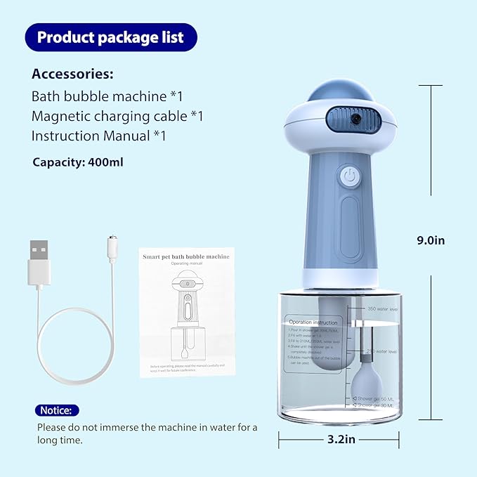 Upgrade Waterproof Electric Dog Shower with Automatic Soap Dispenser, Magnetic Charging Shampoo Frother, and Bubble Machine for Pets - Blue