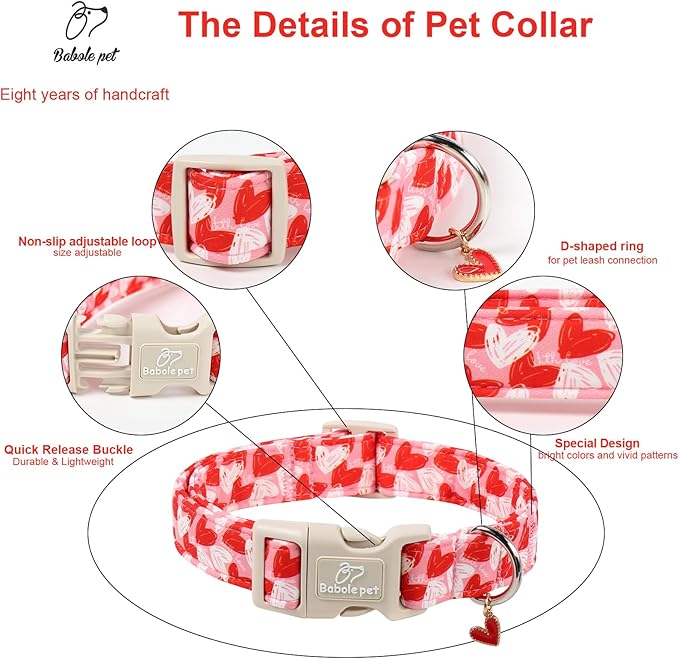 Valentines Dog Collar for Medium Dogs - Cute Pink Girl Dog Collar, Doodle Heart Pattern, Adjustable Valentine Dog Collars with Red Heart Charm M