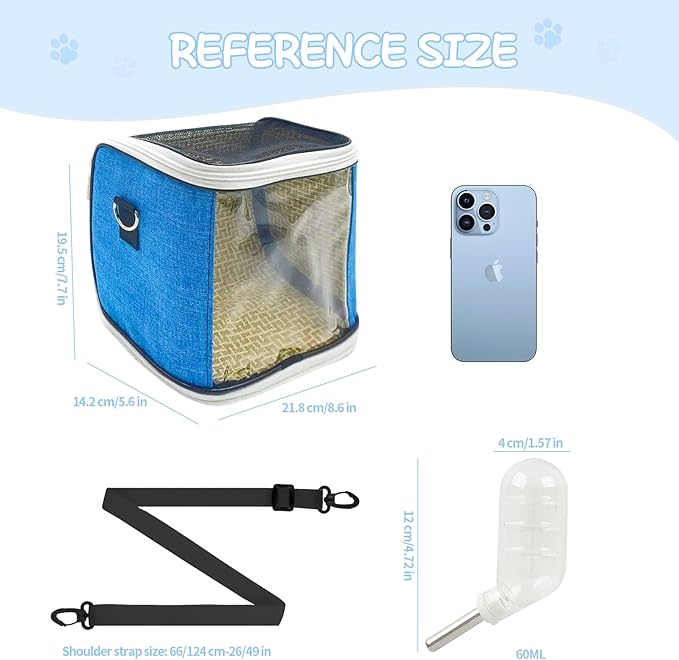 Small Animal Carrier Backpack with Water Bottle, Travel Portable Guinea Pig Hamster Bunny Carrier Sling Pouch, Clear Window Breathable Pet Carrier for Hedgehog Sugar Glider Chinchilla Rat (Gray-Blue)
