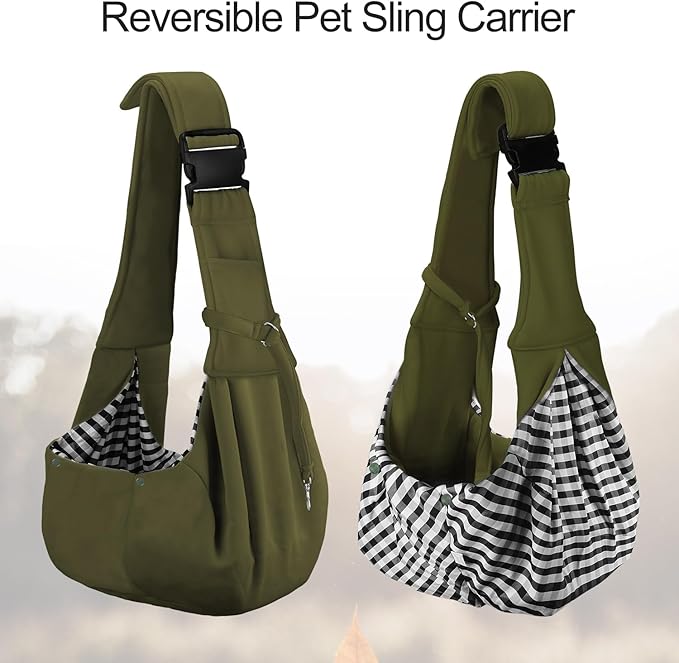 PETLOFT Reversible Dog Cat Sling Carrier, Small Dog Carrier, Adjustable Dog Sling, Hands Free Cross Body Carrier with Collar Hook for Dog/Cat/Bunny up to 11lb (Army Green)