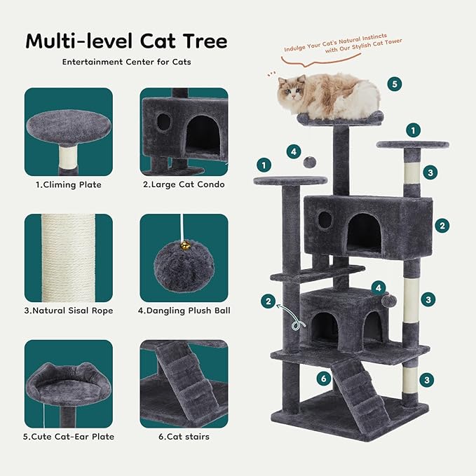 DUMOS 54-inch Indoor Cat Tree Tower –Multi-Level Pet House for Large Cats with 2 Condos, Scratching Posts, Round Platform, Small Ladder, and Toys – Perfect for Cats of All Ages, Navy Blue
