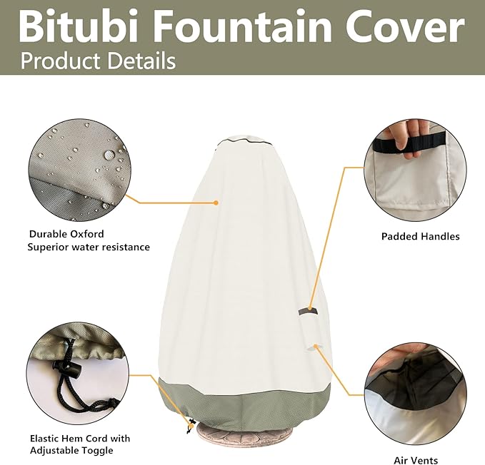 Bitubi Fountain Cover（48"x68"） 600D Oxford Cloth Garden Fountain Statue Protective Cover with Drawstring Waterproof Windproof Fountain Protector