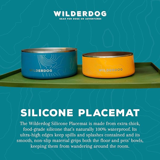 Wilderdog Silicone Pet Placemat Made with 100% Food-Grade Silicone Cone, BPA, PVC, and Phthalate-Free. Non-Toxic, Dishwasher Safe Feeding mat for Bowls with Spill Catcher and Raised Mountain Logo