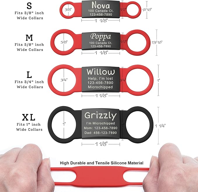 Anavia Slide On Silent Pet ID Tags, S/M/L/XL Personalized Black Stainless Steel Colored Silicone Cat Dog Name Tag, Customized Engraved Nameplate, Quiet Chew-Proof Pet Collar Tag (Yellow, Small)