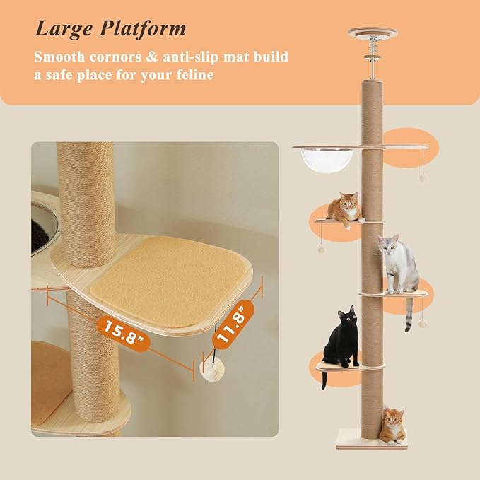 PETEPELA Floor to Ceiling Cat Tree, Adjustable Height(79-103'') Solid Wooden Tall Cat Tower for Indoor Cats with Sisal Scratching Post, Acrylic Bowl and Play Pompom, Wooden Beige