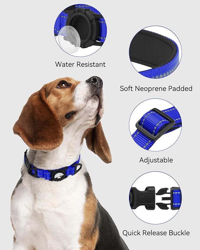 Joytale Airtag Dog Collar, Reflective Pet Collar with Waterproof AirTag Holder, Dual D-Rings, Soft Padded Adjustable for Small Dogs, Navy Blue, S