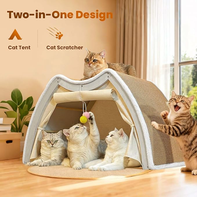 Cat Houses for Indoor Cats - 4 Seasons Cat Bed Cave with Natural Sisal Cat Scratcher Mat, Solid Wood Frame Cat House with Curtains and Cat Floor Scratching Pad Rug, Protect Couch and Carpets, M