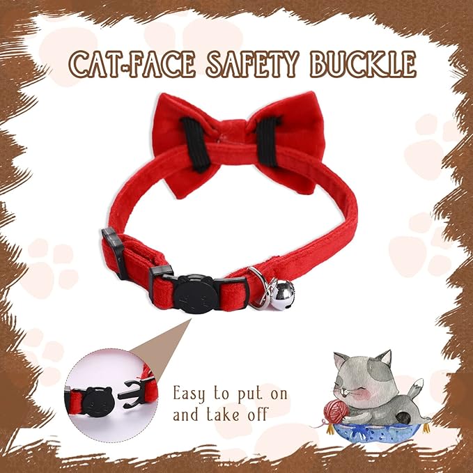 Sliverdew 2 Pcs Velvet Cat Collar with Bell and Bowtie, Adjustable Breakaway Cat Collars Kitten Small Puppy Safety Bow Tie Solid Wedding Basic Color Cat Bow Tie Collar