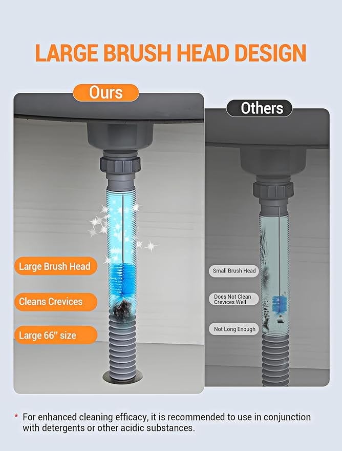 66" Flexible Drain Brush Tool with Large Brush Head and Double Elastic Nylon Ends, Stainless Steel Long Tube Cleaning Brushes for Kitchen, Sink, Drain Pipe and Long Pipe Cleaning