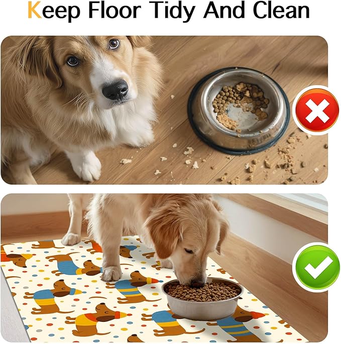 Adorable Dachshund Puppy Pet Food Mat with Colorful Polka Dot Pattern Pet Bowl Mat for Dogs and Cats Non Slip Feeding Mats Easy Clean Fast Dry Cat and Dog Feedings Mats 20" x 12"