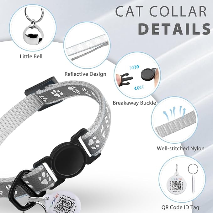 Cat Collar Breakaway with QR Code Name Tag, Reflective Kitten Collars with Bell, Cat ID Tag Personalized, Ultra-Durable, Adjustable, Quick Release, Fits Most Girl Boy Small Large Cats (Grey,8-13.3'')