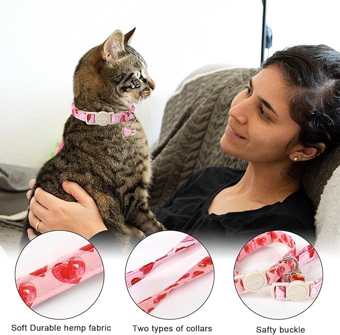 Cat Collar,2 Pack Cat Collars Breakaway with Bell, DOGWONG Safety Buckle Valentine's Day Cat Collar Pink Heart for Girl Boy Cats and Small Dogs，Adjustable 7-12 Inch,Pet Supplies Accessories