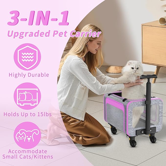 Rolling Pet Carrier with Detachable Wheels - 18x11x11 TSA Airline Approved for Southwest Delta United American, Soft Sided Expandable Travel Bag for Small Dogs & Cats up to 15Lbs, Fits Under Seat