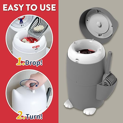 Red Rocket Pets Cat Litter Trash Can Kitty Twister Plus, No Smell Litter Storage Container, Litter Disposal System with Scooper and 2X Refill Bags (Grey Standard)