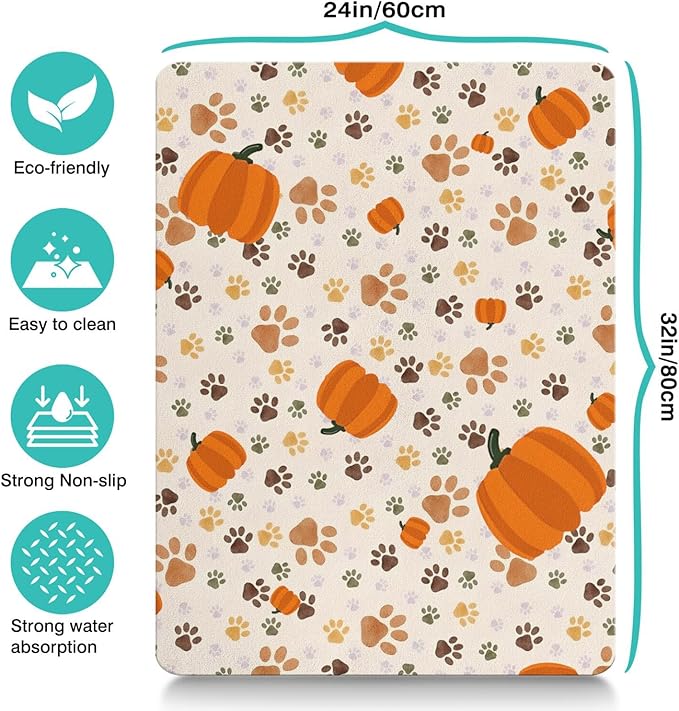 Fall Pumpkin Dog Food & Water Mat, Paw Prints Autumn Pet Feeding Mat for Floor Non-Slip Waterproof, Super Absorbent Cat Bowl Mat, Easy to Clean Eco-Friendly Durable Pet Placemat,24" × 32"