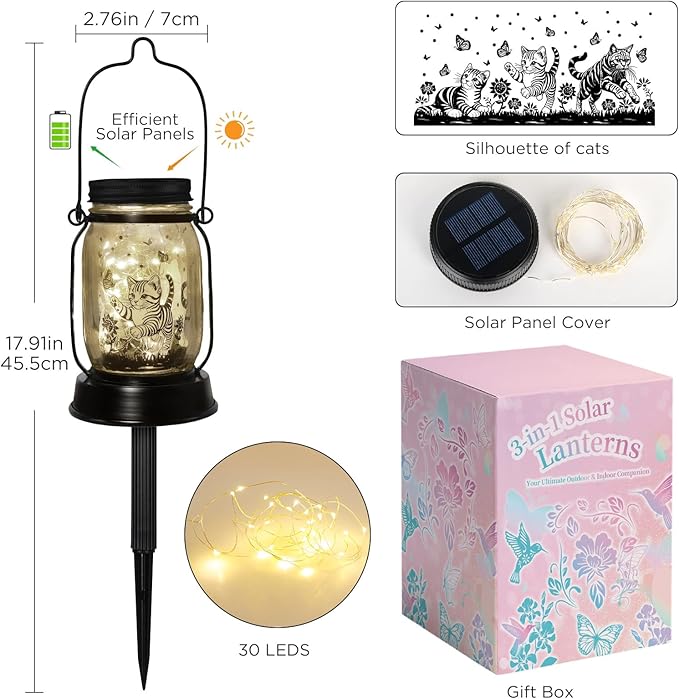 kyoryuger Cat Gift for Women Cat Gifts Solar Lantern, Cat Solar Lights Outdoor Cat Lover Gifts for Women Men Cat Lovers Gifts Hanging Cat Lanterns for Yard Garden Decor Waterproof Lantern Torches