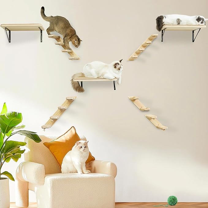 Cat Climbing Stair Shelf, Wall Mounted Ladder 2PCS 4 Steps Reversible Left & Right Direction, for Cats up to 15 Pounds, Cat Stairway with Jute Scratching Ladder Shelves for Kitten Perch Sleeping