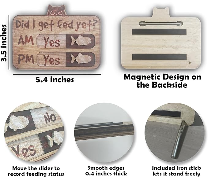 Cat Feeding Tracker-AM PM 2-Meal Wooden Fridge Magnets - Cat Feeding Reminder(3.5'' x 5.4'') with Stand - Did I Get Fed Yet-Pet Accessories to Track & Prevent Overfeeding or Underfeeding of Pets-A03
