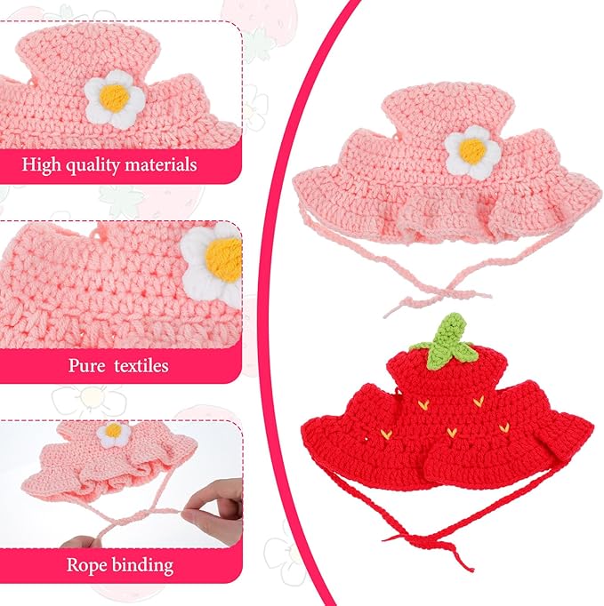 2PCS Strawberry Cat Hats Cute Flower Crochet Hats for Cats Small Pets Birthday Party Christmas Halloween Easter Travel Accessories Puppy Hat
