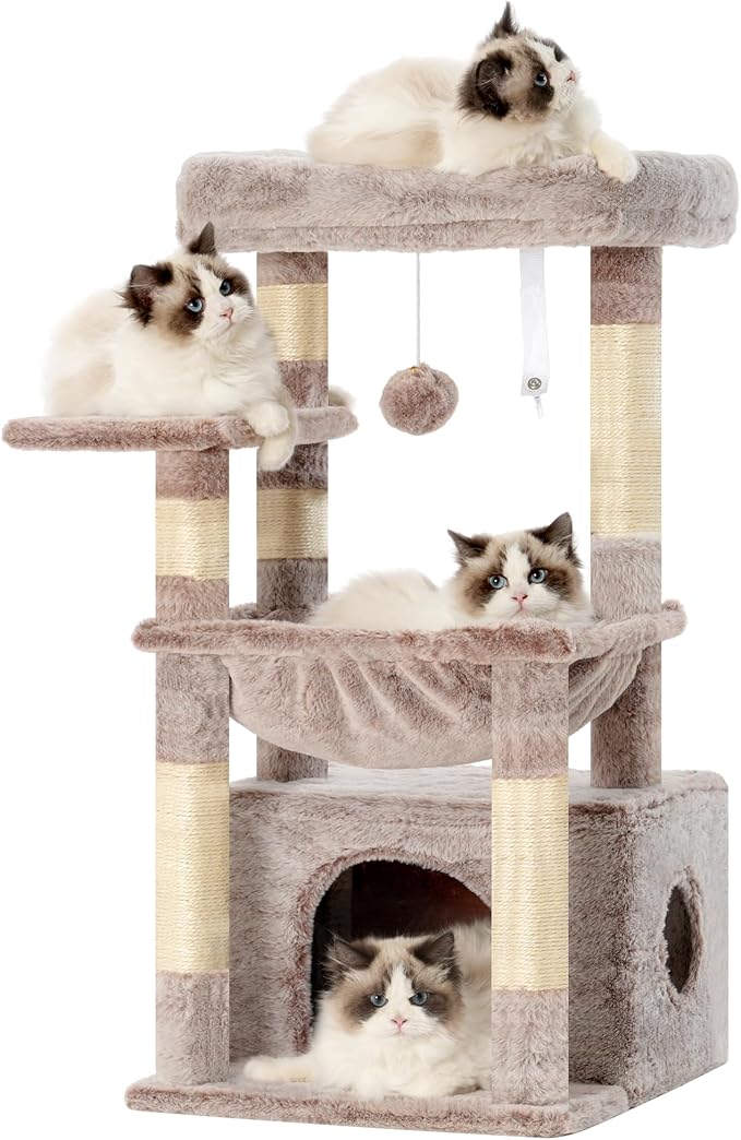 Heybly Cat Tree, Kitten Tower with Large Soft Cat Basket, Cat Condo with Spacious Cat Bed Cave with Hidden Space, Sisal-Covered Scratching Posts,Dangling Ball for Indoor Cats, Muchroom HCT008SMU