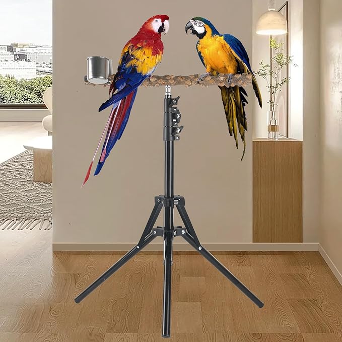 Adjustable Bird Perch Stand, 16-62 Inch Height Adjustable Bird Training Perch Stand with Feeding Cups and Swing Toy, Natural Pepper Wood Parrot Perch Toy for Small Medium Birds Indoor Outdoor Use