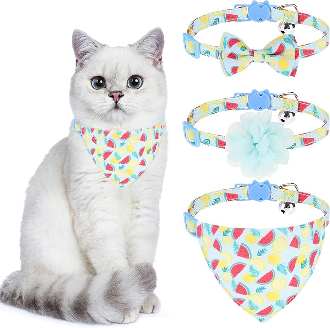 Breakaway Cat Collars with Bell & Cute Pendants - 3 Pack Adjustable Safety Kitten Collars - Decoration for Girl Boy Cats Puppy and Small Pets (Style C - Watermelon)