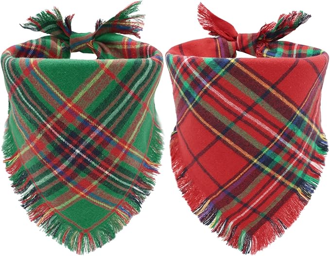 Christmas Dog Bandanas 2PCS-Large,Winter Classic Red Green Plaid Dog Scarf with Tassels Edges,Triangle Holiday Outfit for Boy and Girl Dogs,Pet Costumes for Medium to Large Dogs
