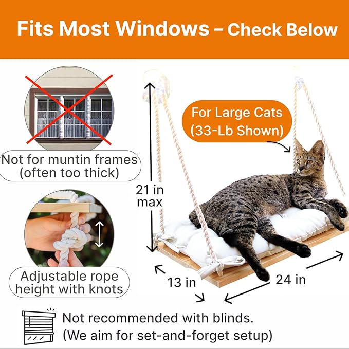 Large Cat Window Perch with Industrial-Grade Suction Cups - Solid Pine Wood Hammock Bed, Soft Cushion - 42 lb Capacity for Heavy Cats Inside