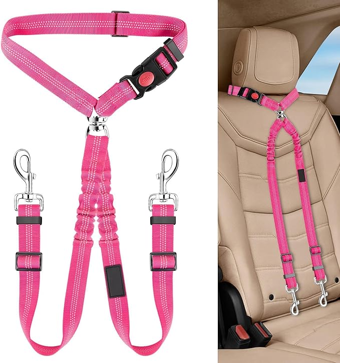 Dog Seat Belt for Car, Dual Pet Vehicle Headrest Restraint Safety Seatbelt,Two Dog Leash No Tangle Dog Car Leash Seat Belt,Duty Adjust Elastic Connect Harness in Vehicle Travel(Pink)