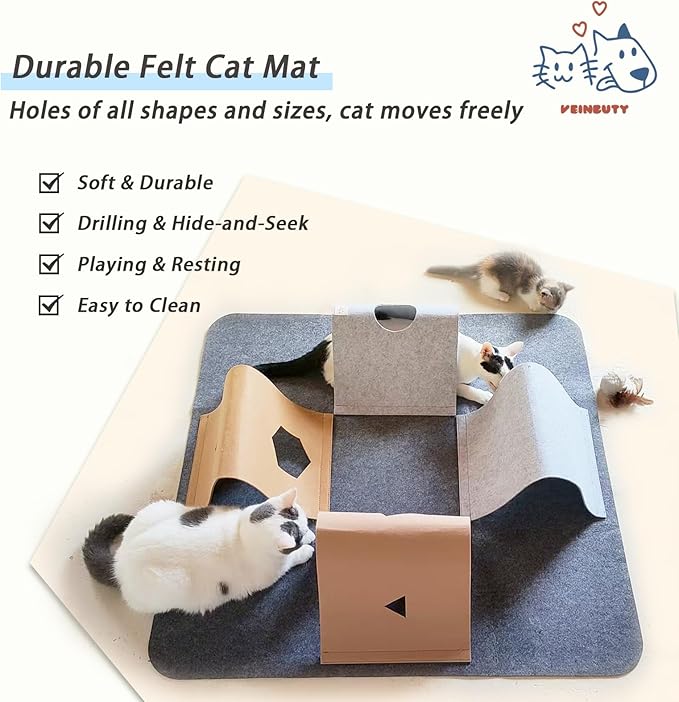 Cat Toys Tunnel for Indoor Cats,4-Way Felt Cat Tunnel Play Mat with Feathers & Bell 6 Pcs Interactive Cats Enrichment Toys Set Foldable Kittens Cave Hideout for Pet Hide & Seek