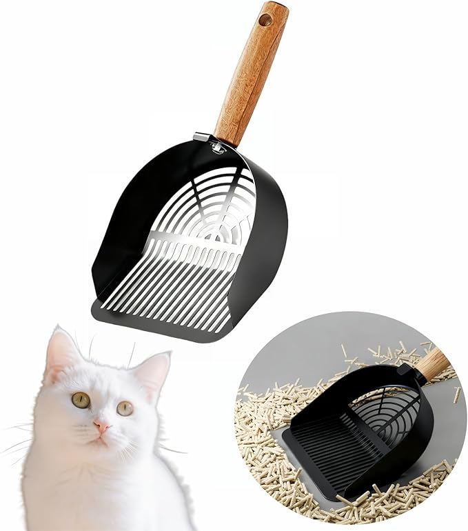 Chinshwehaw Premium Stainless Steel Cat Litter Scoop-Triple Guard Walls&Non-Stick Design,Silver,Flat Shovel Head Design Solid Deep Edge Wood Handle,Dual Hooks 1Pack,6.1x5.3inch (Black Long Strip)