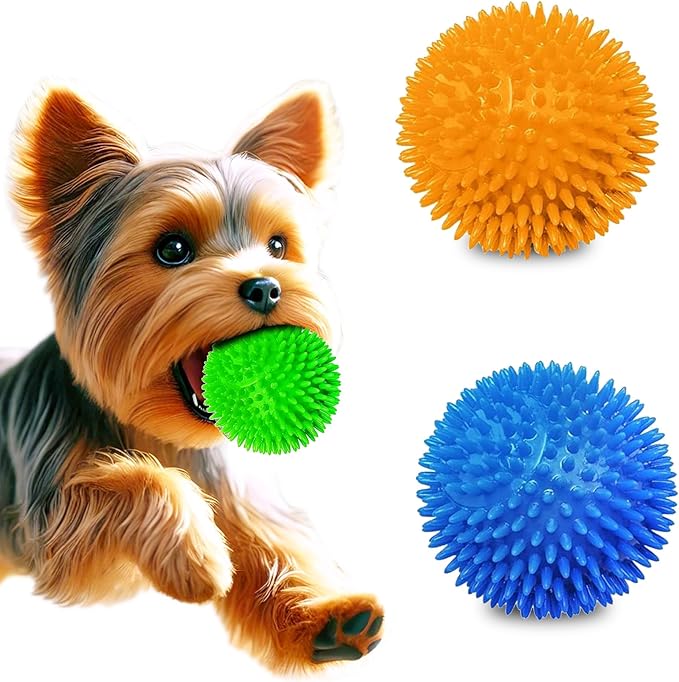Meric CoCoo 3-Pack Squeaky Dog & Ferret Ball Toys, 2.3", Massage Teeth and Gums, Spikey Cat Rubber Balls, Toss Fetch Squeeky Doggy Balls for Multi-Pet Homes