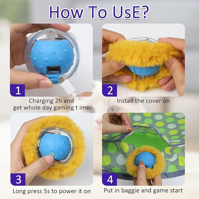 Interactive Cat Toys Ball Fast Rolling in Pouch, Motion Activate Chirping Cat Toy Hide and Seek Mouse Catching Game (Green Polka dot)