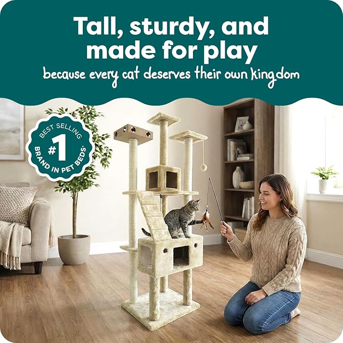 FurHaven 69.3" Tall Cat Scratching Post Tower for Indoor Cats, Sisal Cat Tree with 2 Condos, Tiger Tough Double Decker Playground, Toys & Perches for Cats, Sisal, Cream