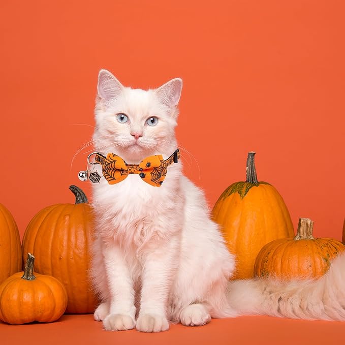 ADOGGYGO Halloween Cat Collars with Bow Bell, Breakaway Kitten Bowtie Collar Spider Web Skull Halloween Collars for Girl Boy Cats Kittens