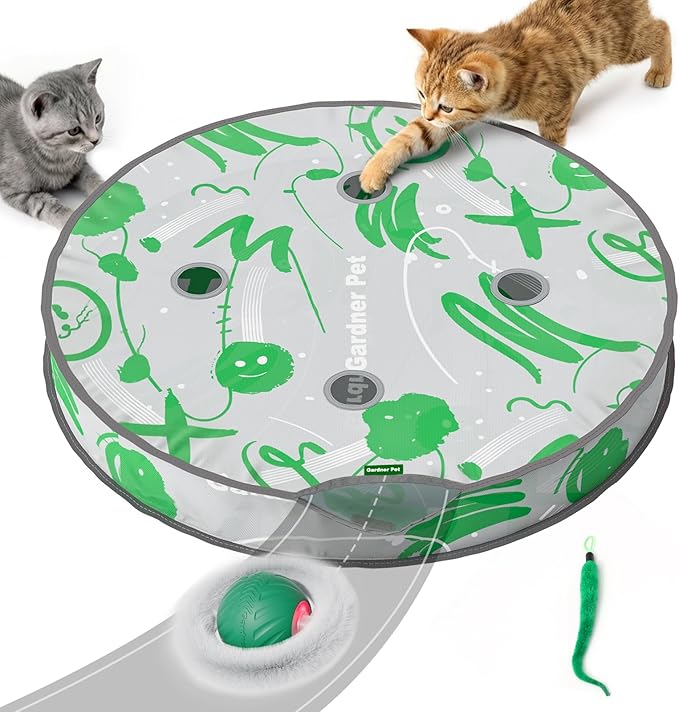 Gardner Pet Interactive Cat Toys Ball,Self Moving Ball in 4 Holes Play Mat,Tap Activation Moving Toy Hide and Seek Exercise Kicker Catching Game for Indoor cat,Real Bird Calls,USB Charging,28 Inch