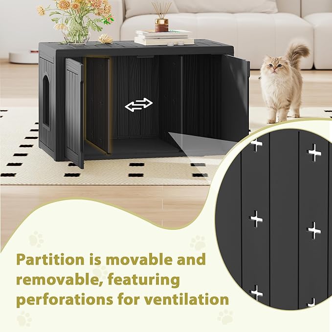 Cat Litter Box Enclosure, Hidden Enclosed Litter Box Furniture with Adjustable Partition, Multi-Functional Outdoor Cat House, Side Table, Easy to Clean, Dark Black