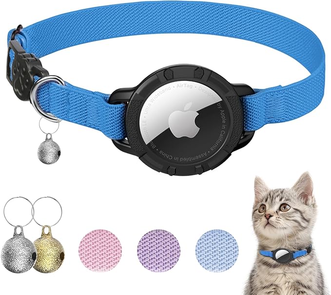 AirTag Cat Collars, Stretchy Collar with Apple AirTag Holder and Bell, Breakaway Ultra Design Elastic GPS Tracking Collars for Cats and Puppies, (7.5-12.5 Inch), Sapphire Blue